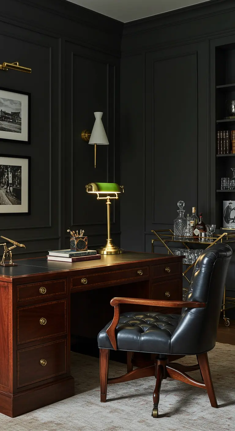 Bureau en acajou dans une pièce aux murs sombres avec boiseries, fauteuil en cuir et lampes en laiton.