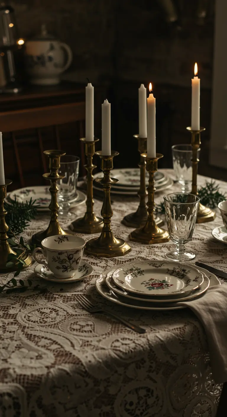 Table vintage dressée avec une nappe en dentelle, de la vaisselle ancienne et des bougeoirs en laiton.