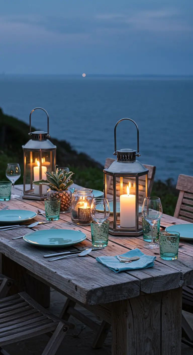 Table en bois face à la mer, décorée de lanternes et de verres turquoise.