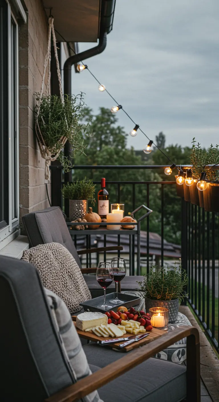 Scène d'apéritif sur un balcon avec du vin, du fromage et des lumières douces.