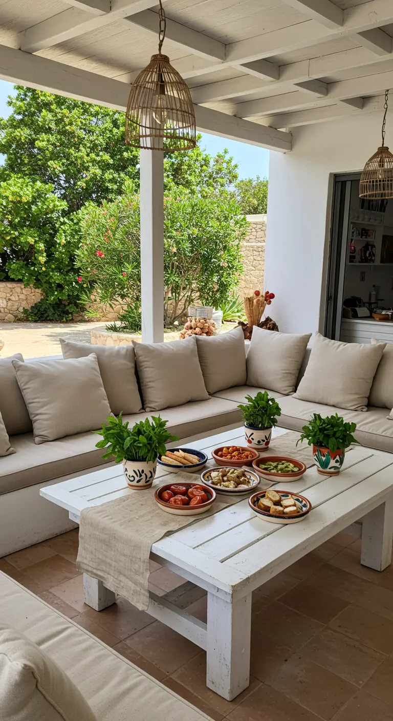 Table basse extérieure avec des apéritifs et des pots de basilic.