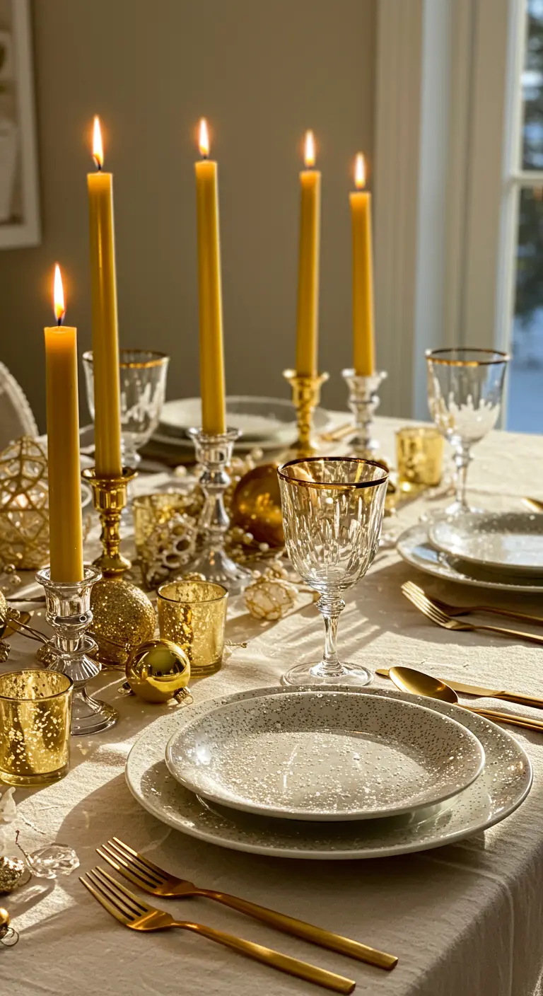 Table de fête baignée de lumière dorée avec de nombreuses bougies et des assiettes tachetées d'or.