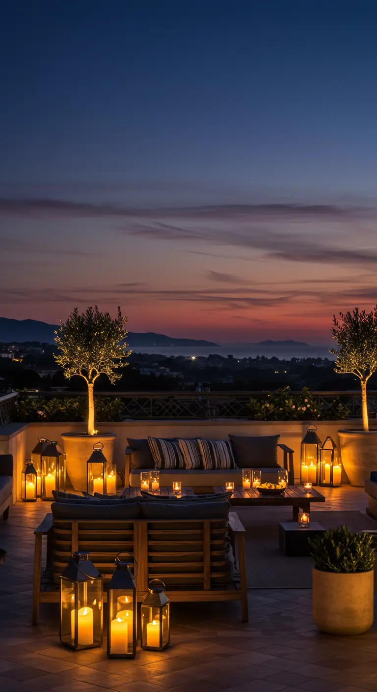 Terrasse sur le toit au crépuscule, éclairée par des dizaines de lanternes.