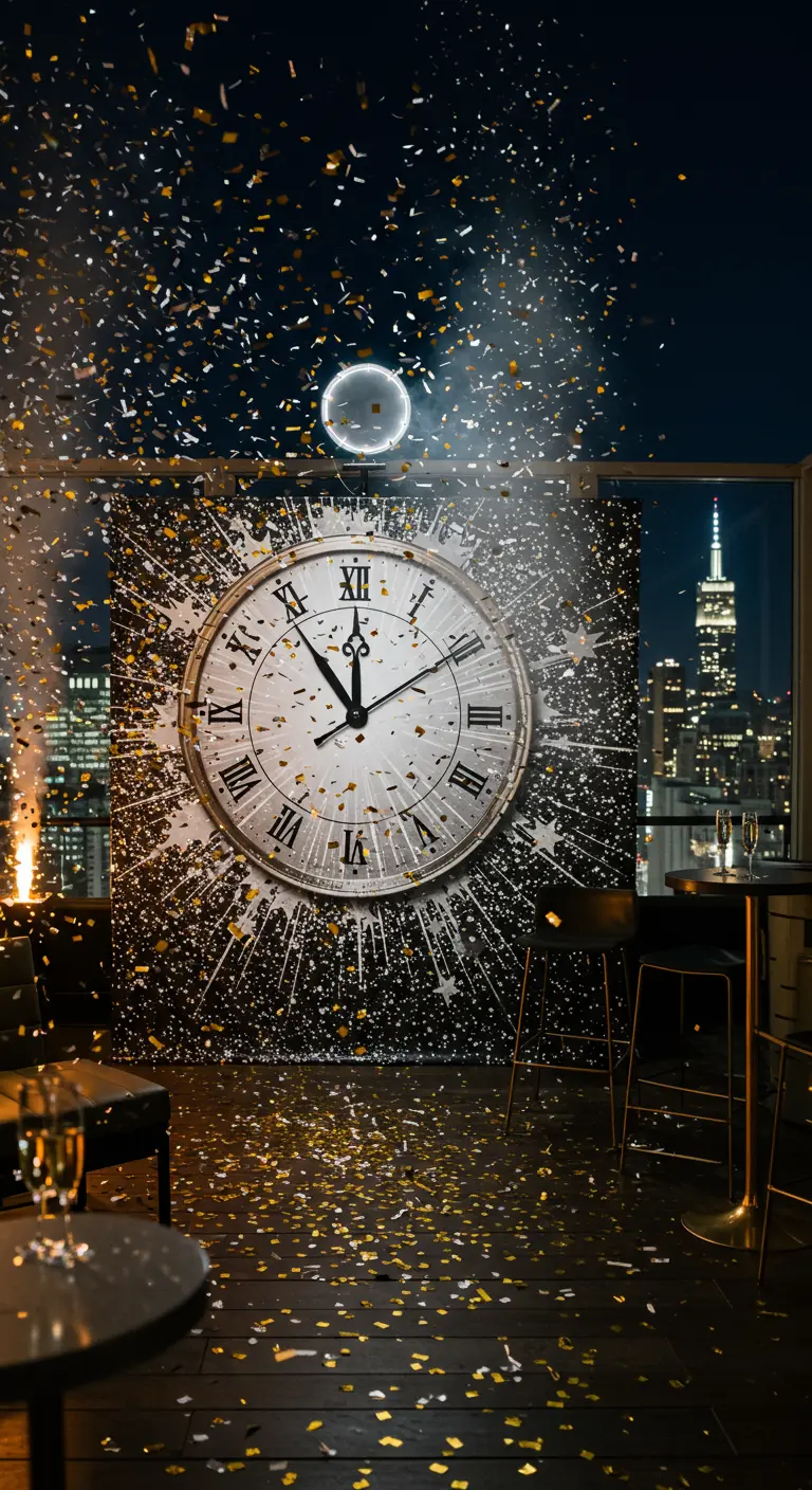 Photobooth de compte à rebours avec horloge géante, fond sombre, confettis dorés et projecteur.