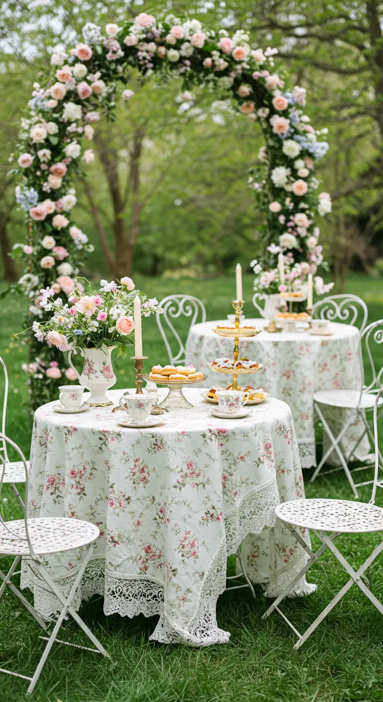 Thé en plein air dans un jardin avec tables rondes, nappes en dentelle, arche florale et chaises en fer forgé.