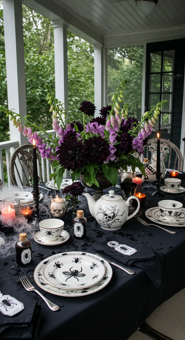 Table de thé d'Halloween avec vaisselle à motifs d'insectes et fleurs sombres.