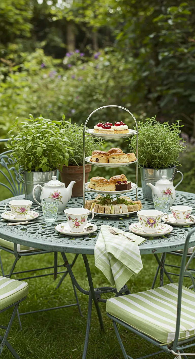 Table de thé dans un jardin avec pâtisseries et tasses fleuries.