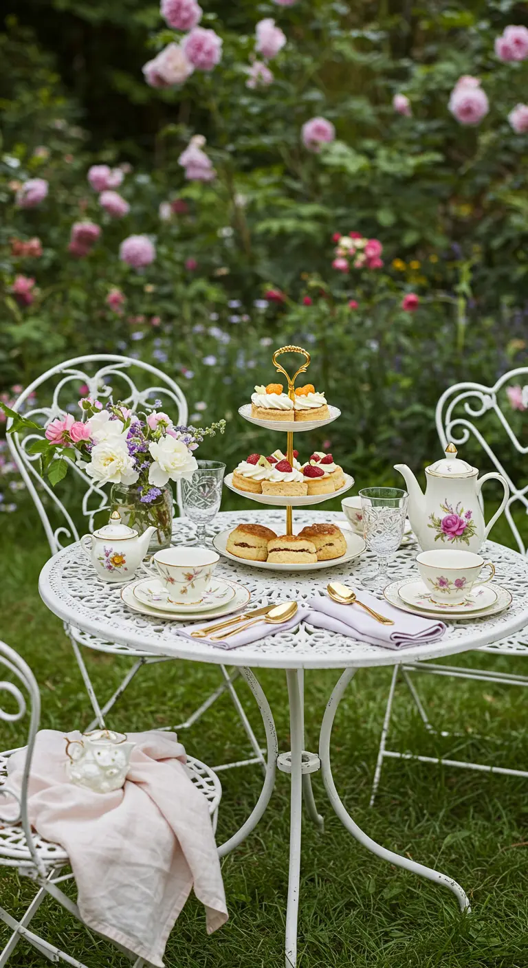 Table de thé dans un jardin fleuri avec de la porcelaine à fleurs et un serviteur doré.