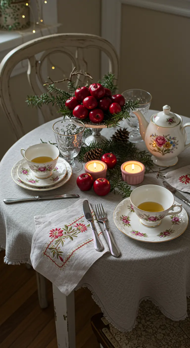 Table pour le thé avec support à pommes rouges, branches de sapin, petites bougies et service à thé fleuri.