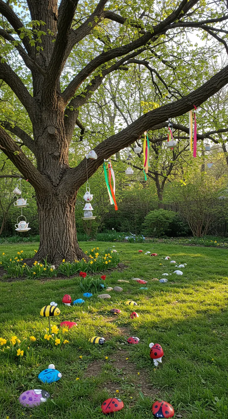 Tasses à thé et rubans colorés suspendus aux branches d'un grand arbre.