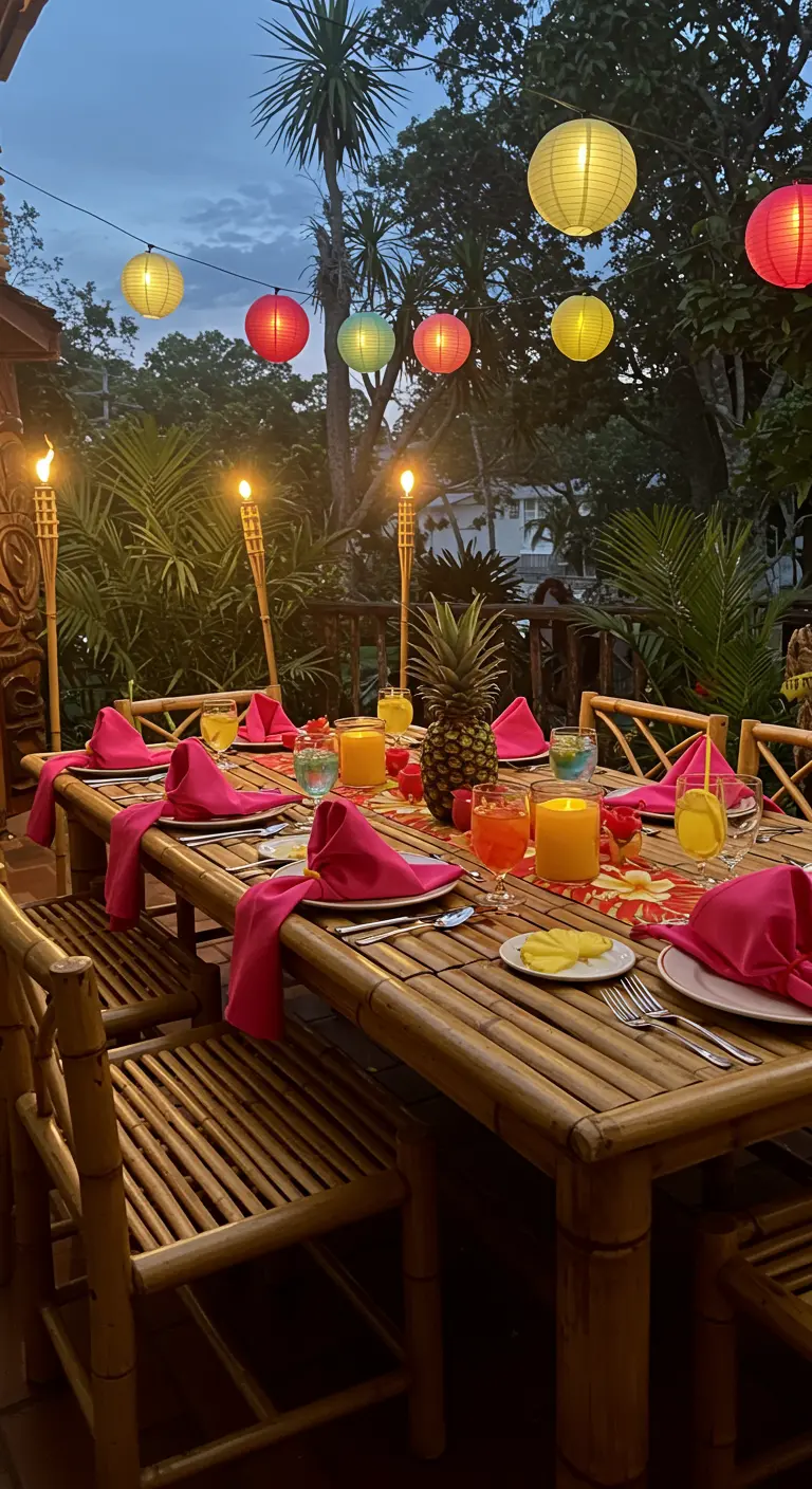 Table de fête tropicale en bambou avec des serviettes fuchsia pliées en éventail.