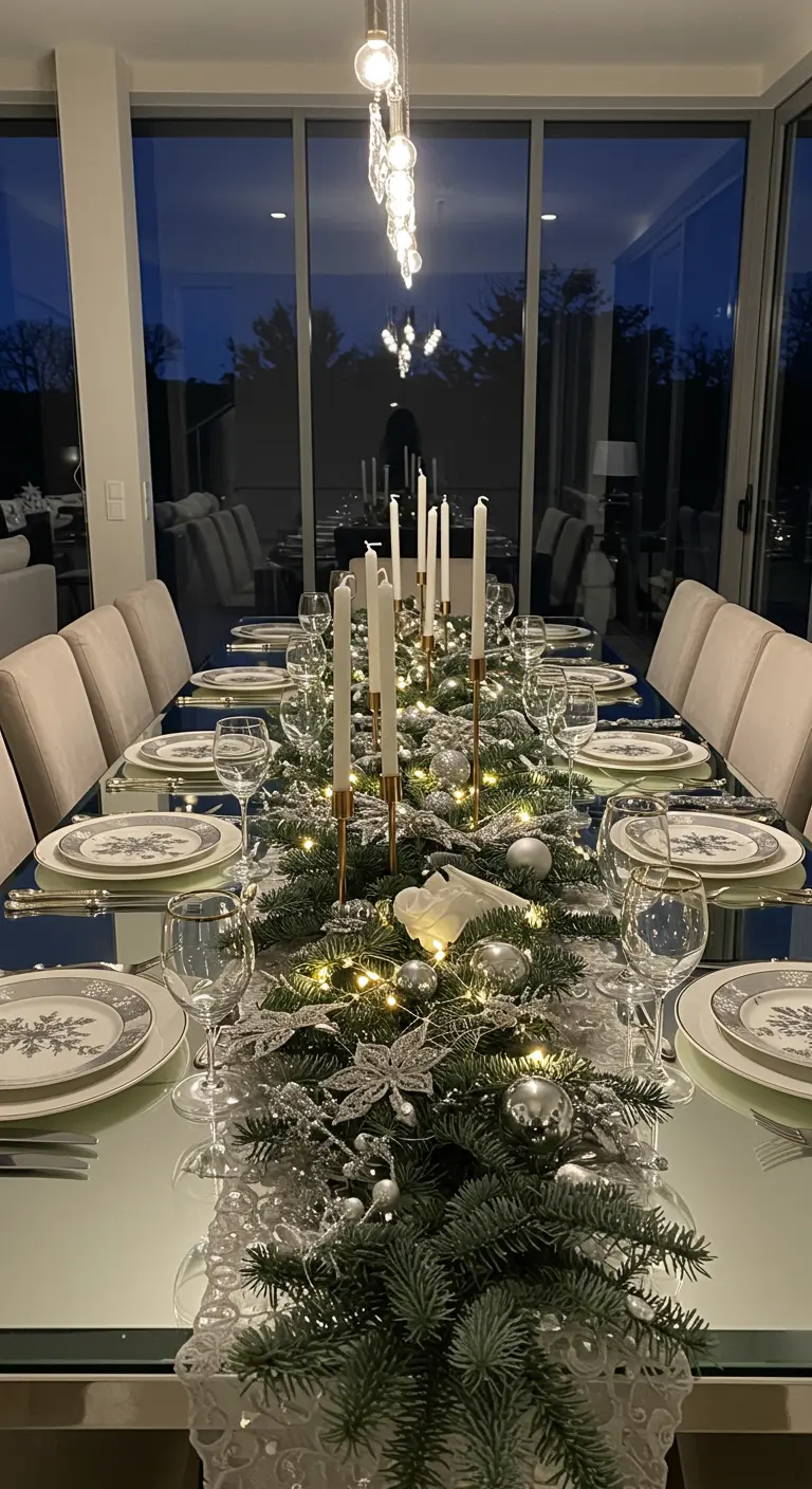 Longue table blanche avec chemin de table sapin givré, boules argentées, bougies et reflets lumineux.