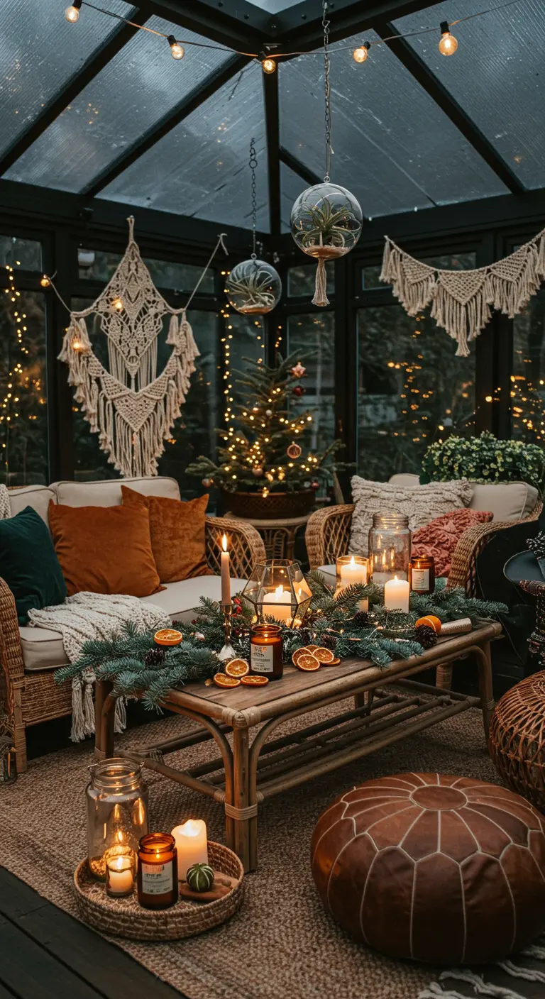 Véranda de Noël style bohème avec macramé, bougies et branches de sapin.