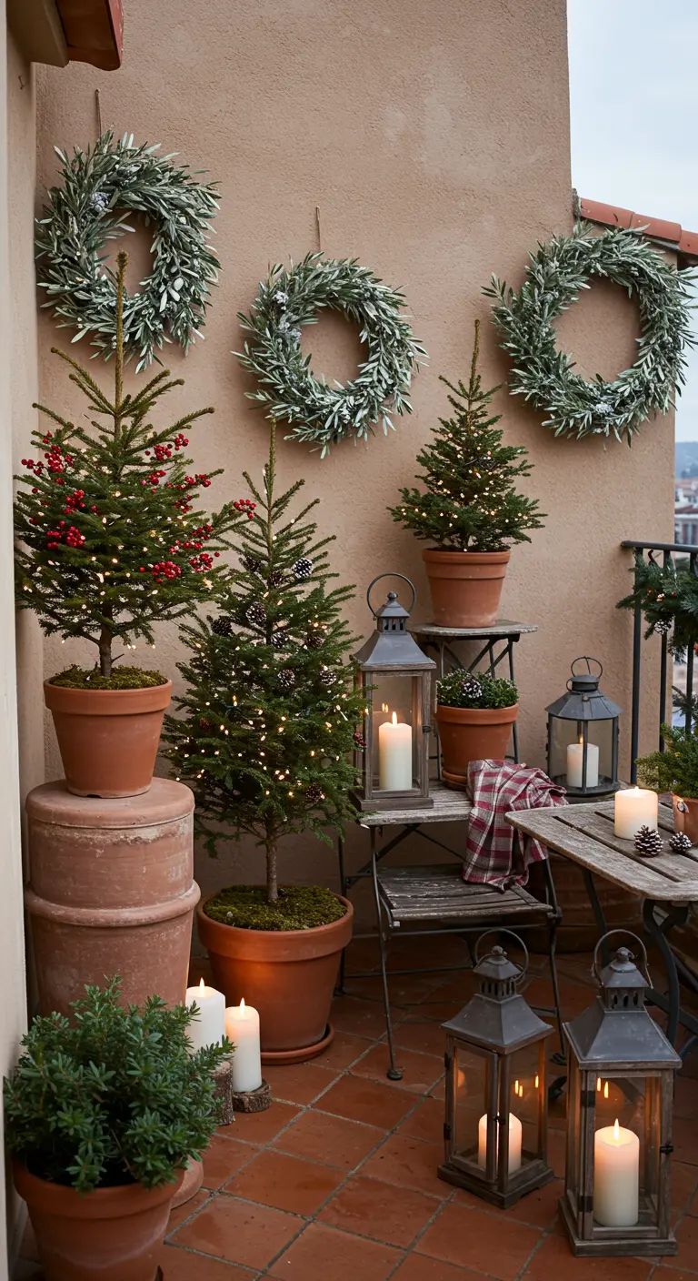 Balcon méditerranéen avec murs clairs, couronnes d'olivier, sapins en pots en terre cuite et lanternes.