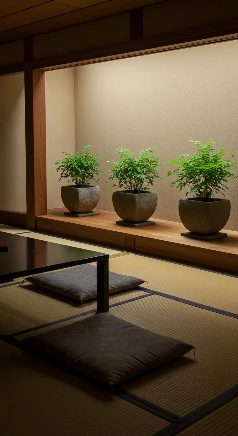 Trois fougères en pots de pierre alignées sur une étagère en bois dans une pièce de style japonais.