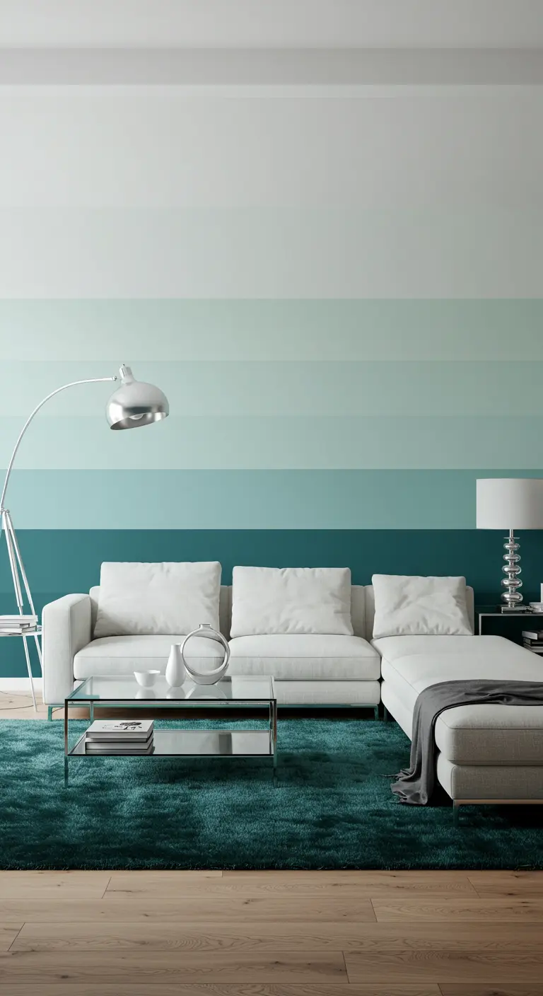 Mur d'accent peint en bandes horizontales dégradées de vert d'eau et de bleu canard.