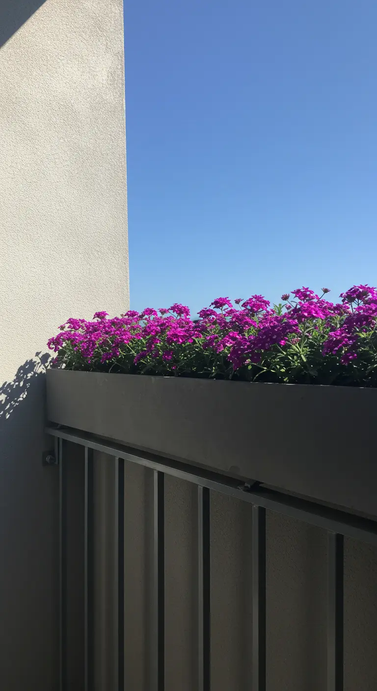 Jardinière de balcon grise et longue remplie de fleurs violettes.