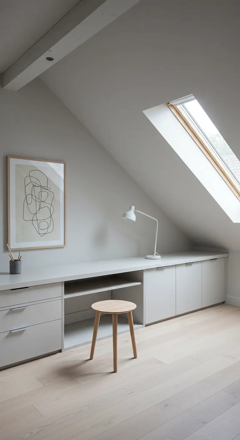 Bureau intégré blanc sous une fenêtre de toit, avec tabouret en bois et cadre abstrait.