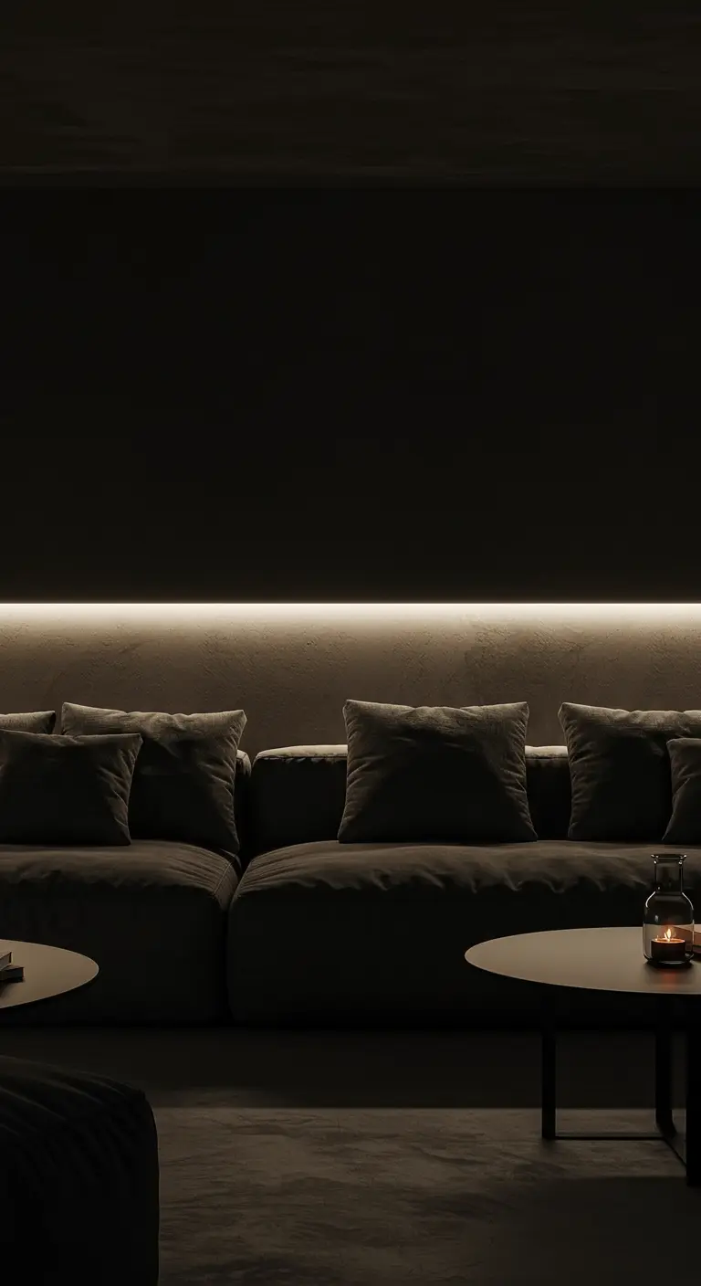 Canapé sombre dans une pièce obscure, avec une ligne de lumière chaude provenant de derrière.