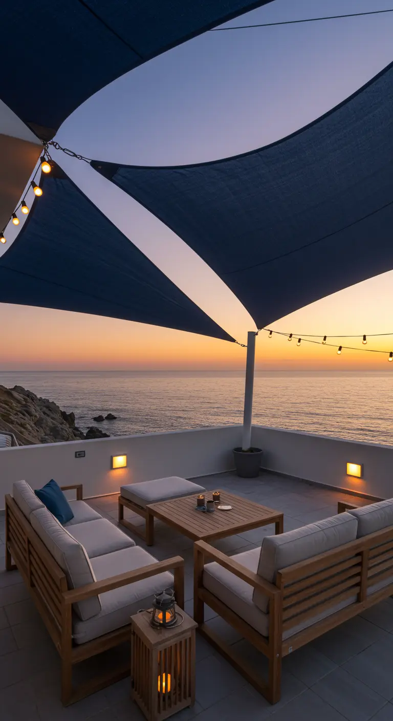 Terrasse avec vue sur la mer, voiles d'ombrage bleues et salon de jardin en bois.
