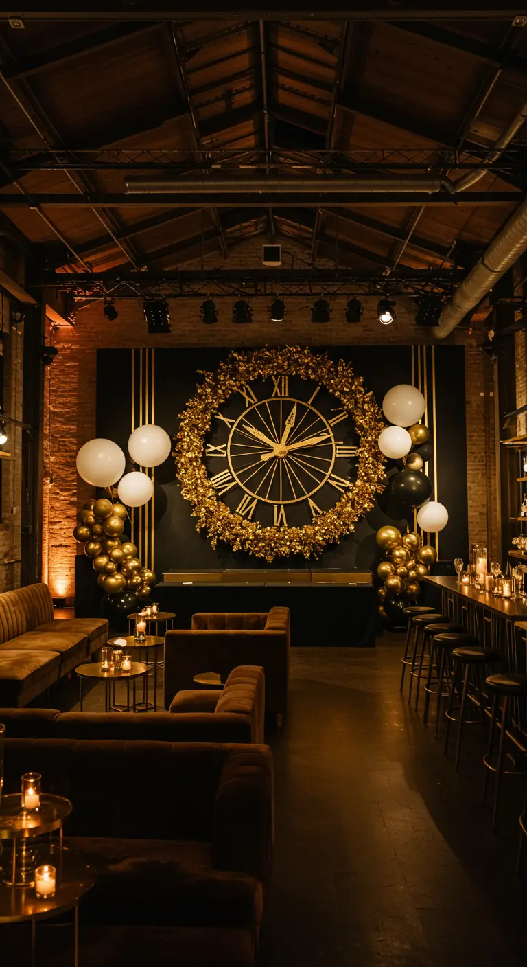 Horloge dorée géante sur un mur noir, entourée de ballons dorés et blancs.