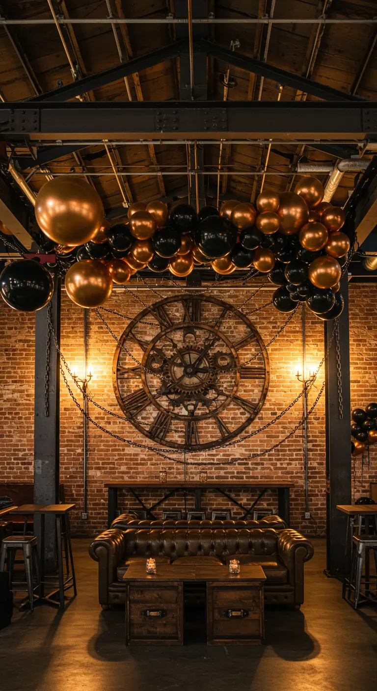 Grande horloge industrielle sur un mur de briques, avec ballons et chaînes.