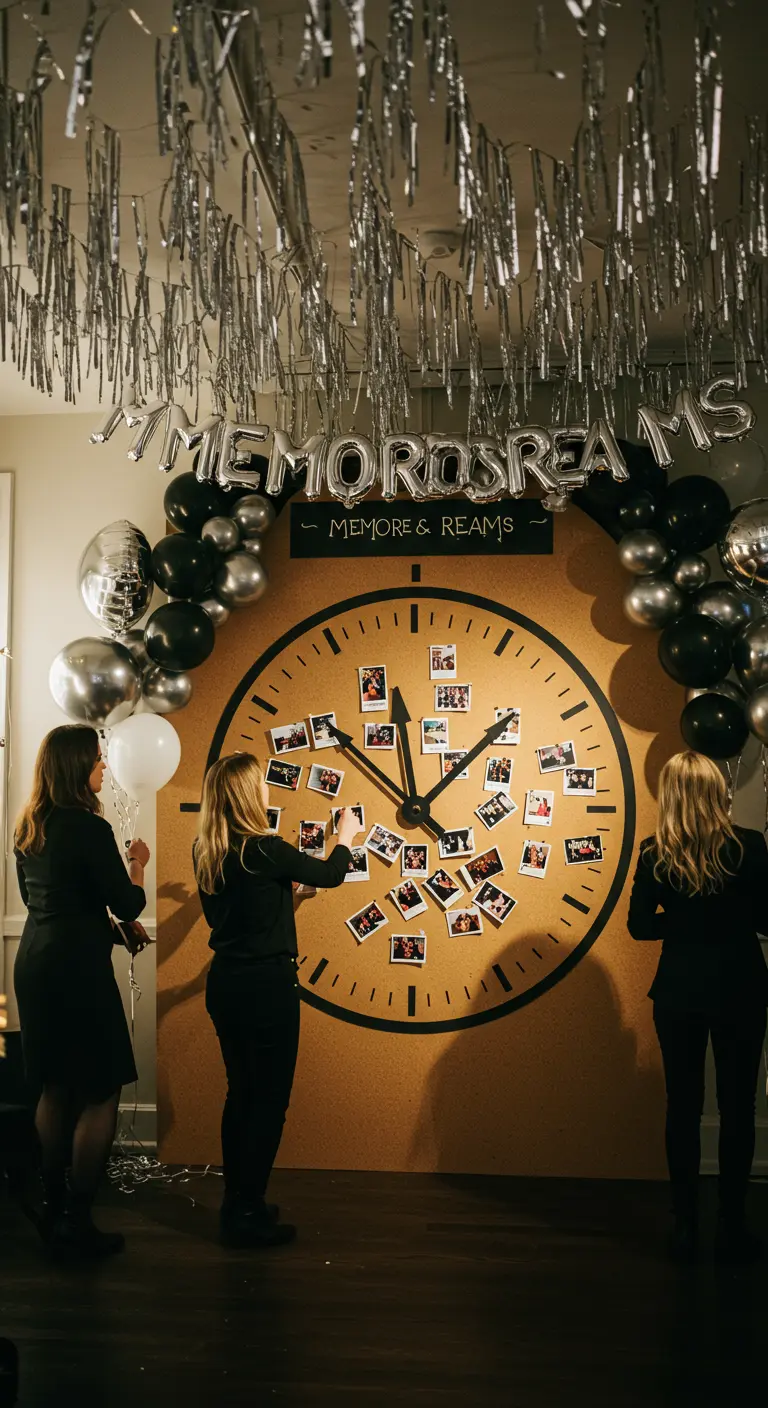 Des invités collent des photos sur une horloge géante en liège.