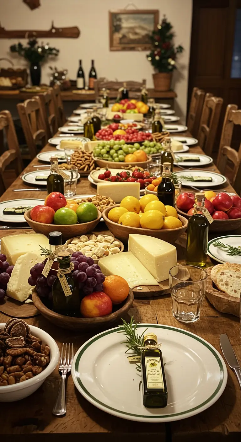 Grande table de fête conviviale avec des fruits, du fromage et des fioles d'huile d'olive.