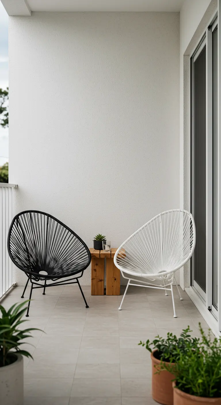 Deux fauteuils Acapulco, un noir et un blanc, sur un balcon minimaliste.