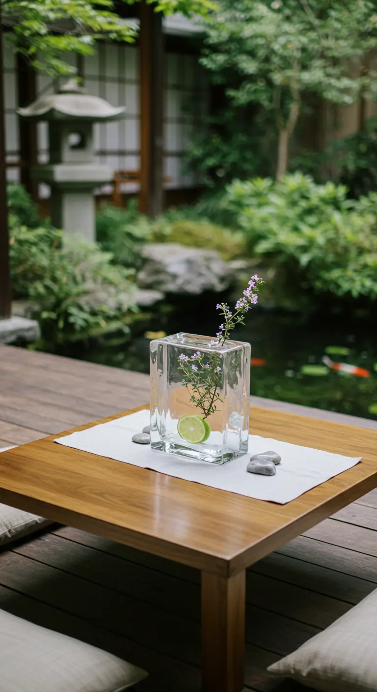 Vase carré en verre avec une lime et une petite fleur, posé sur une table en bois.