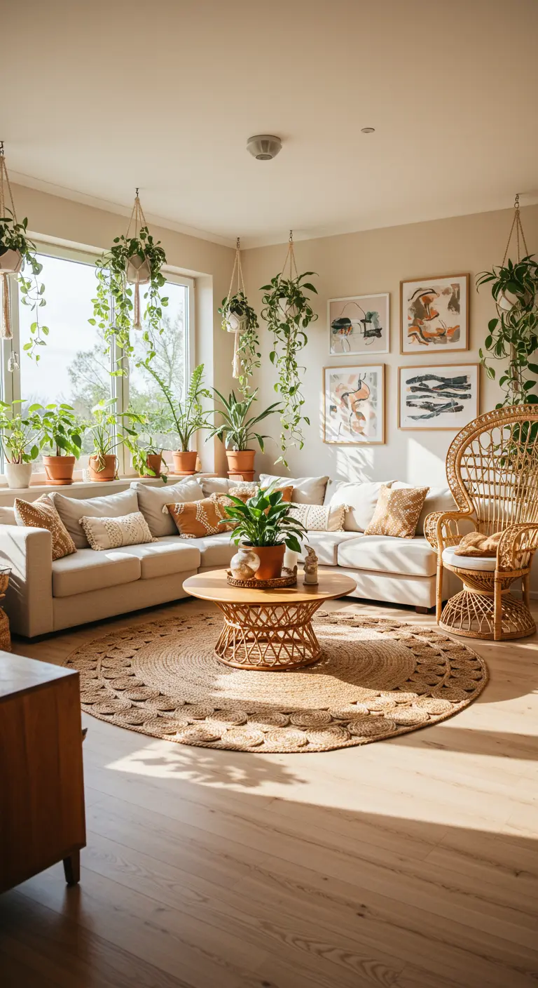 Salon bohème lumineux avec tapis rond en jute et nombreuses plantes vertes.