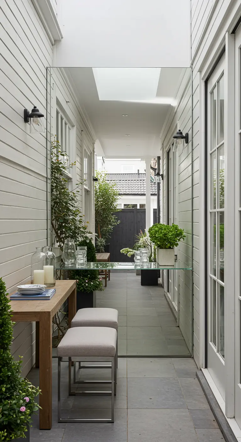 Un grand miroir mural dans un passage extérieur étroit reflète l'espace.