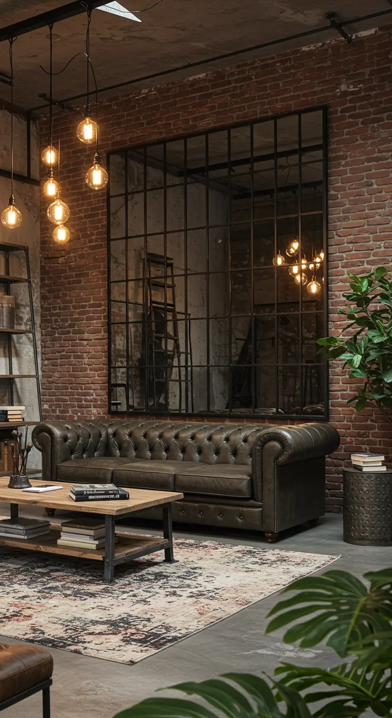 Grand miroir industriel style verrière sur un mur de briques rouges au-dessus d'un canapé Chesterfield.