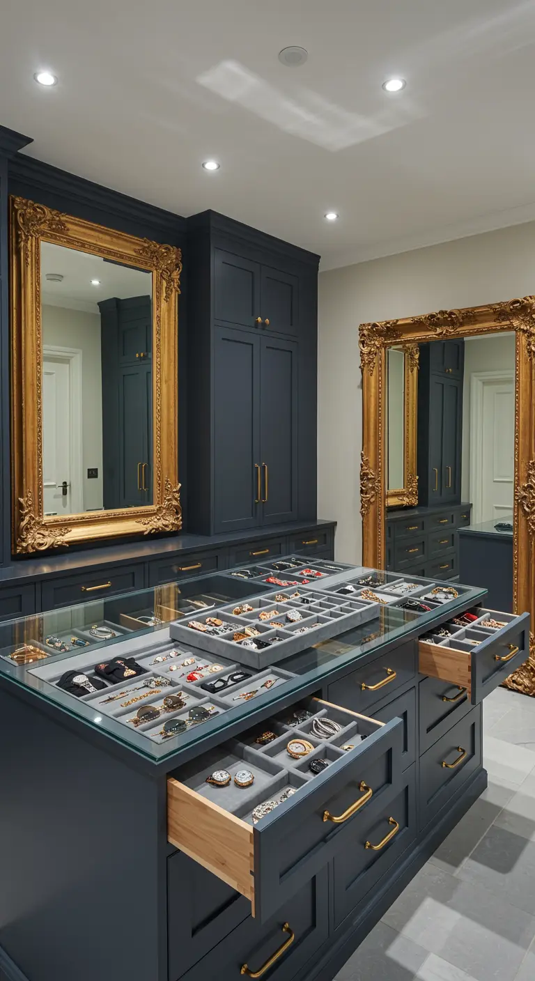 Îlot central bleu foncé avec tiroirs à bijoux sous verre et miroirs dorés.
