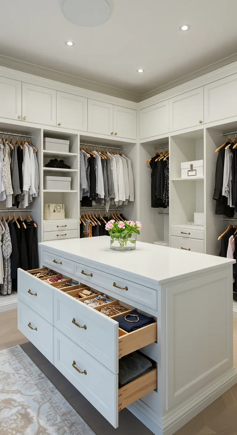 Grand dressing blanc avec îlot central et tiroirs pour accessoires.