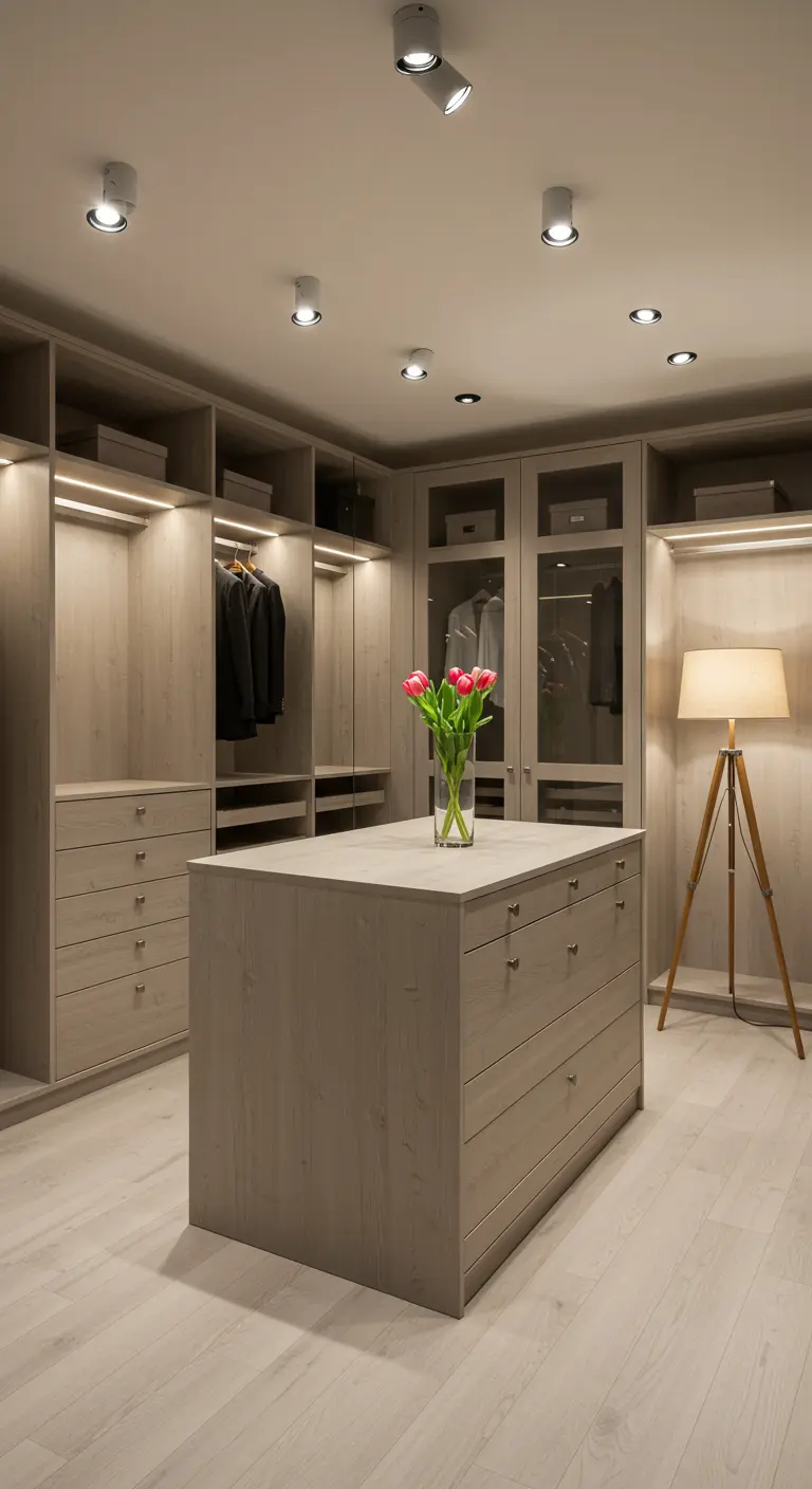 Dressing spacieux avec îlot central, spots et lampadaire tripode.