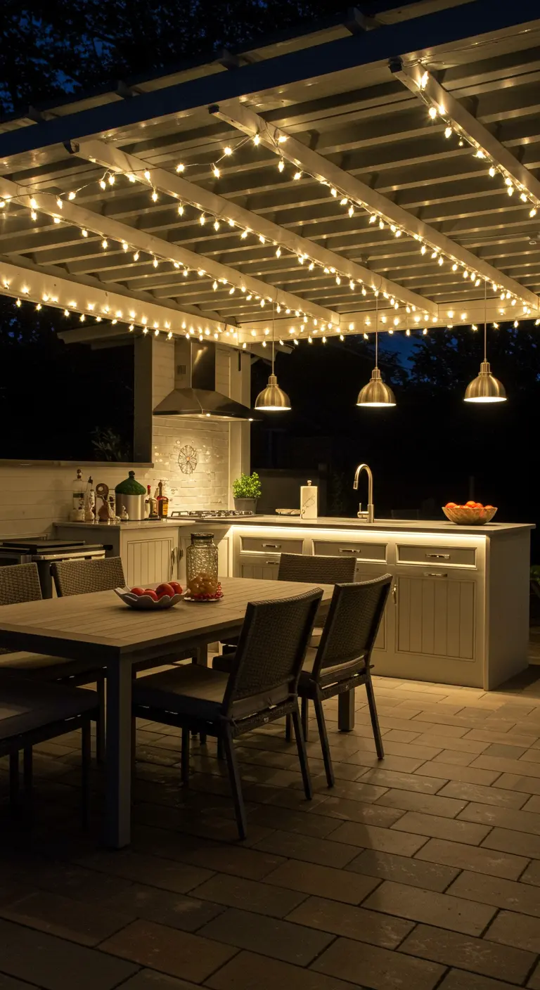 Cuisine d'été sous pergola avec guirlandes lumineuses, suspensions et table à manger.