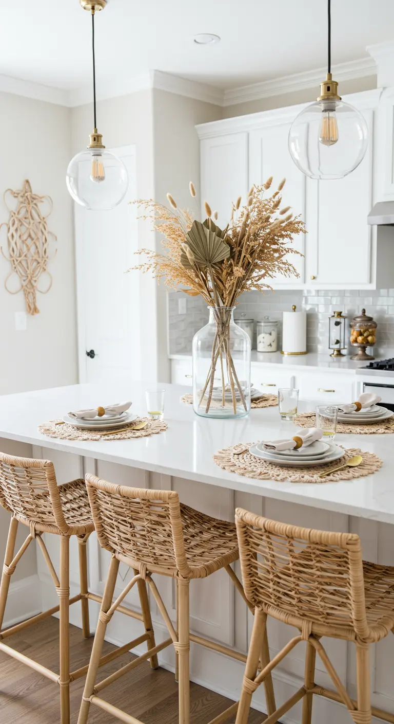 Îlot de cuisine blanc avec des tabourets en rotin et un grand vase de fleurs séchées.