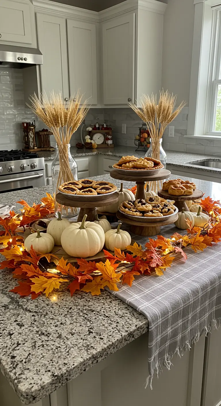 Buffet d'automne sur un îlot de cuisine avec tartes et citrouilles blanches
