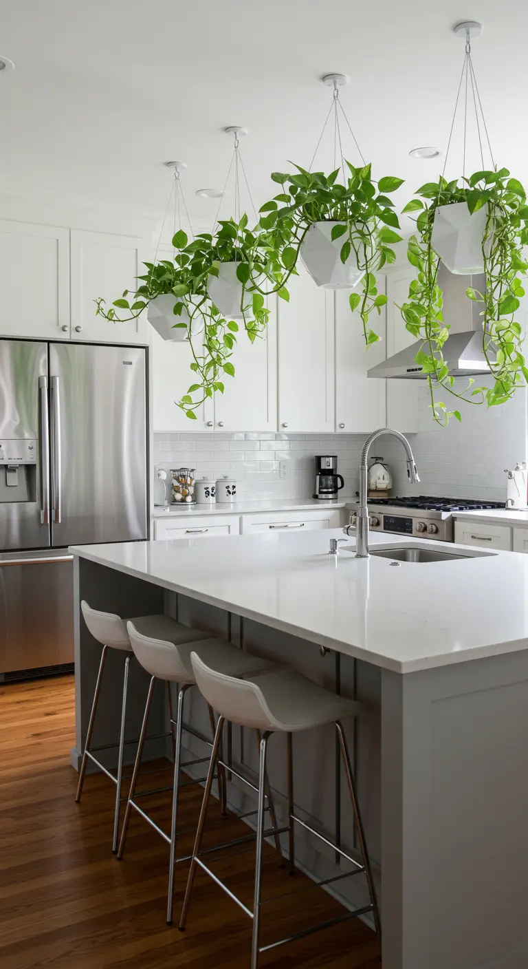 Pots géométriques blancs suspendus avec des plantes retombantes au-dessus de l'îlot d'une cuisine blanche.