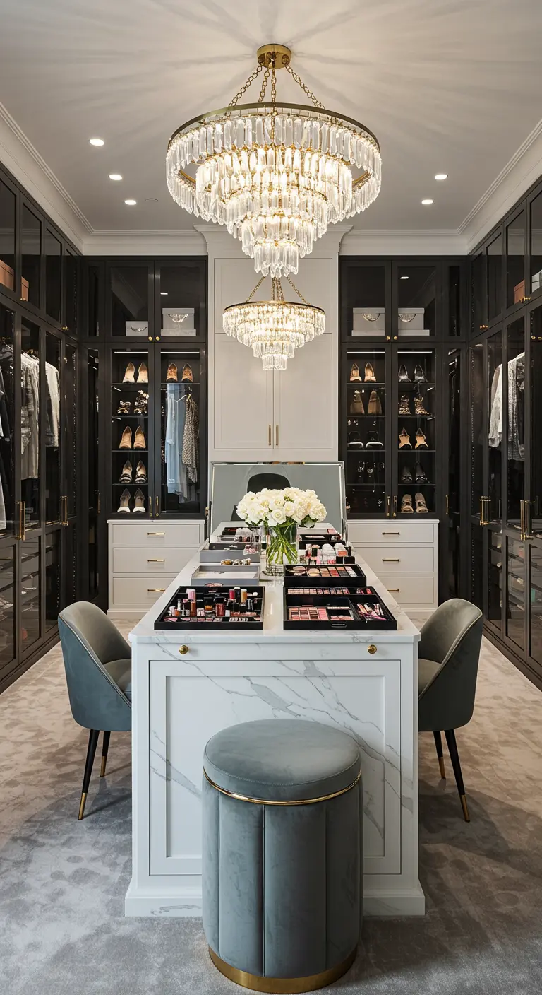 Îlot central de dressing avec coiffeuse intégrée, chaises en velours gris, lustres élégants.