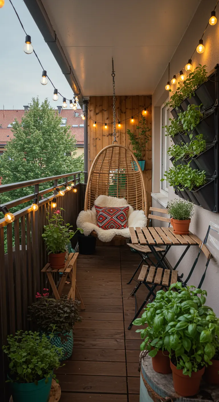 Balcon cosy avec fauteuil suspendu, plaid, guirlandes lumineuses et jardin vertical d'herbes.