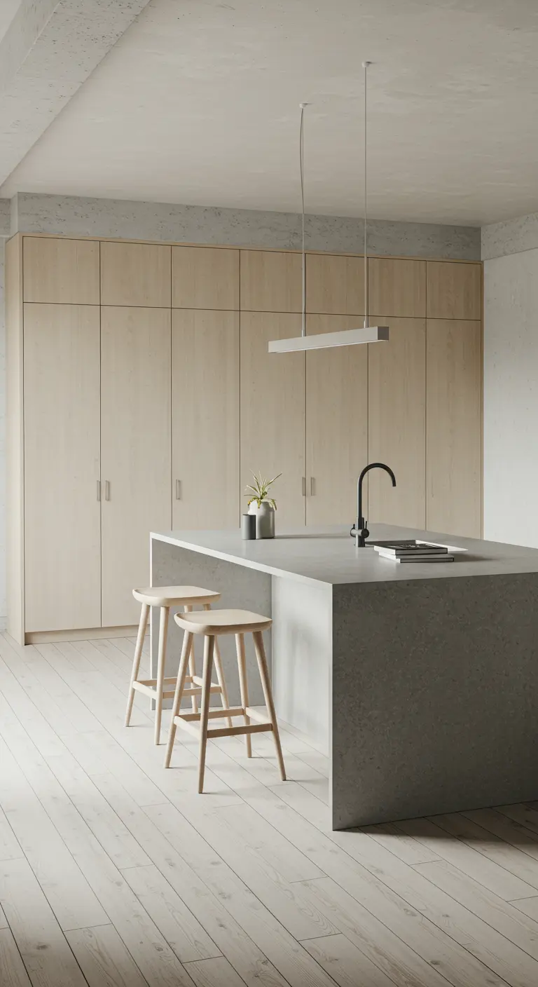Îlot de cuisine en béton avec des tabourets en bois, dans une pièce aux murs de bois clair.