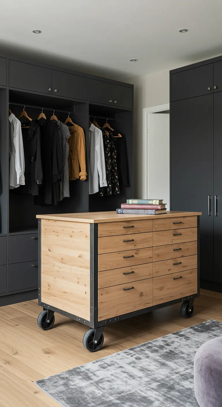 Commode sur roulettes en bois et métal servant d'îlot mobile dans un dressing.