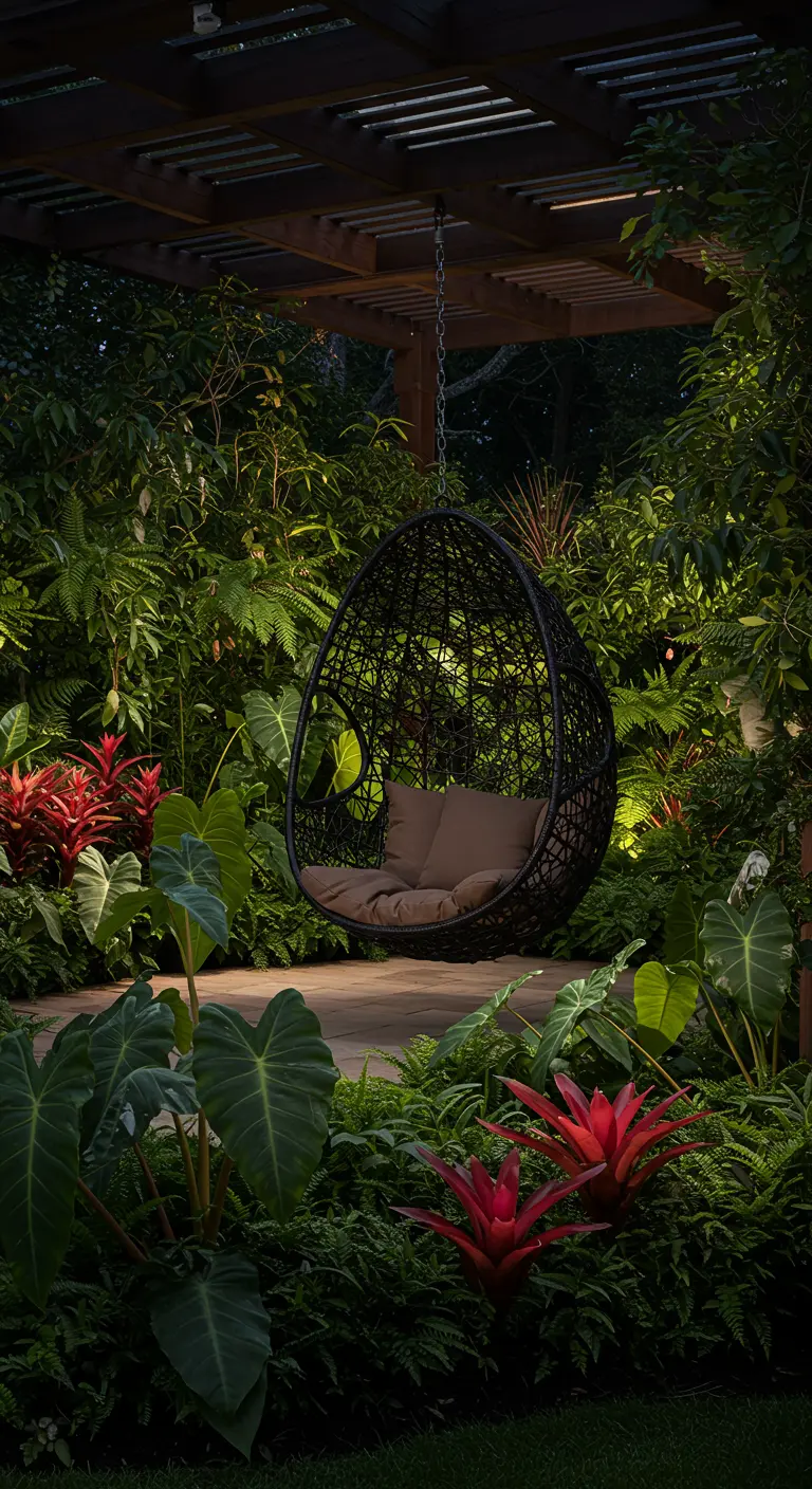 Fauteuil suspendu noir dans un jardin tropical luxuriant avec des bromélias rouges.