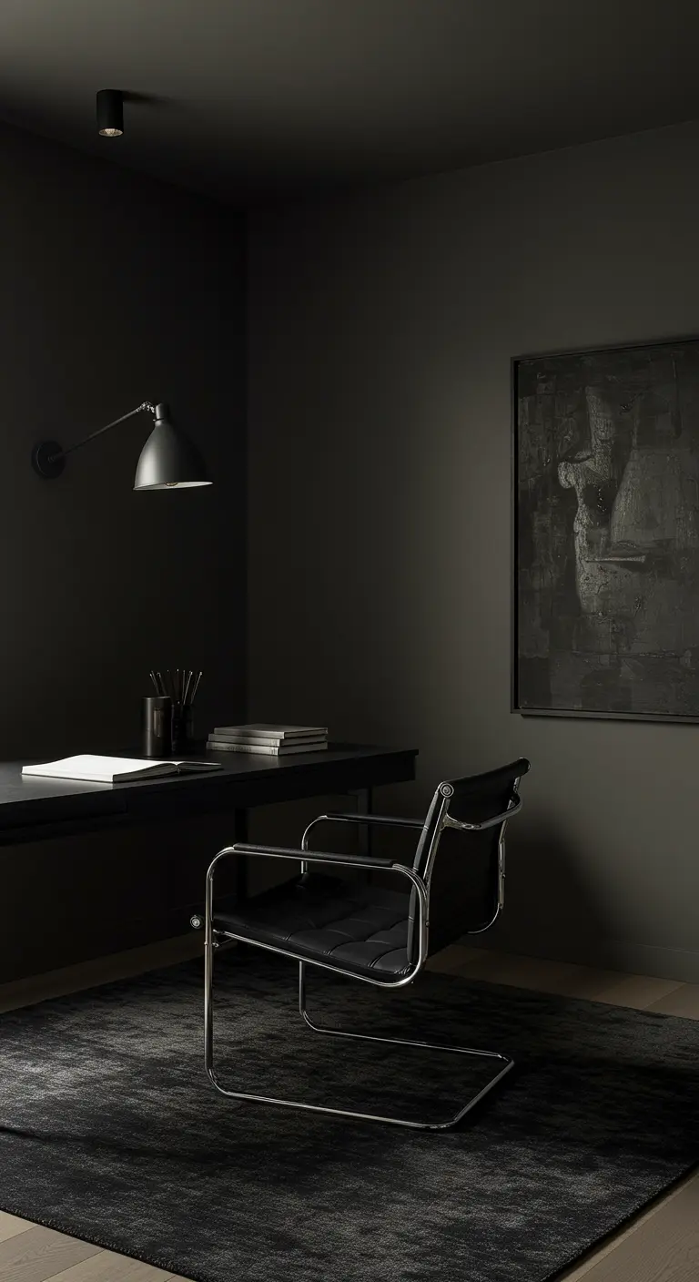 Bureau noir dans une pièce entièrement peinte en noir, avec une chaise design chromée et noire.