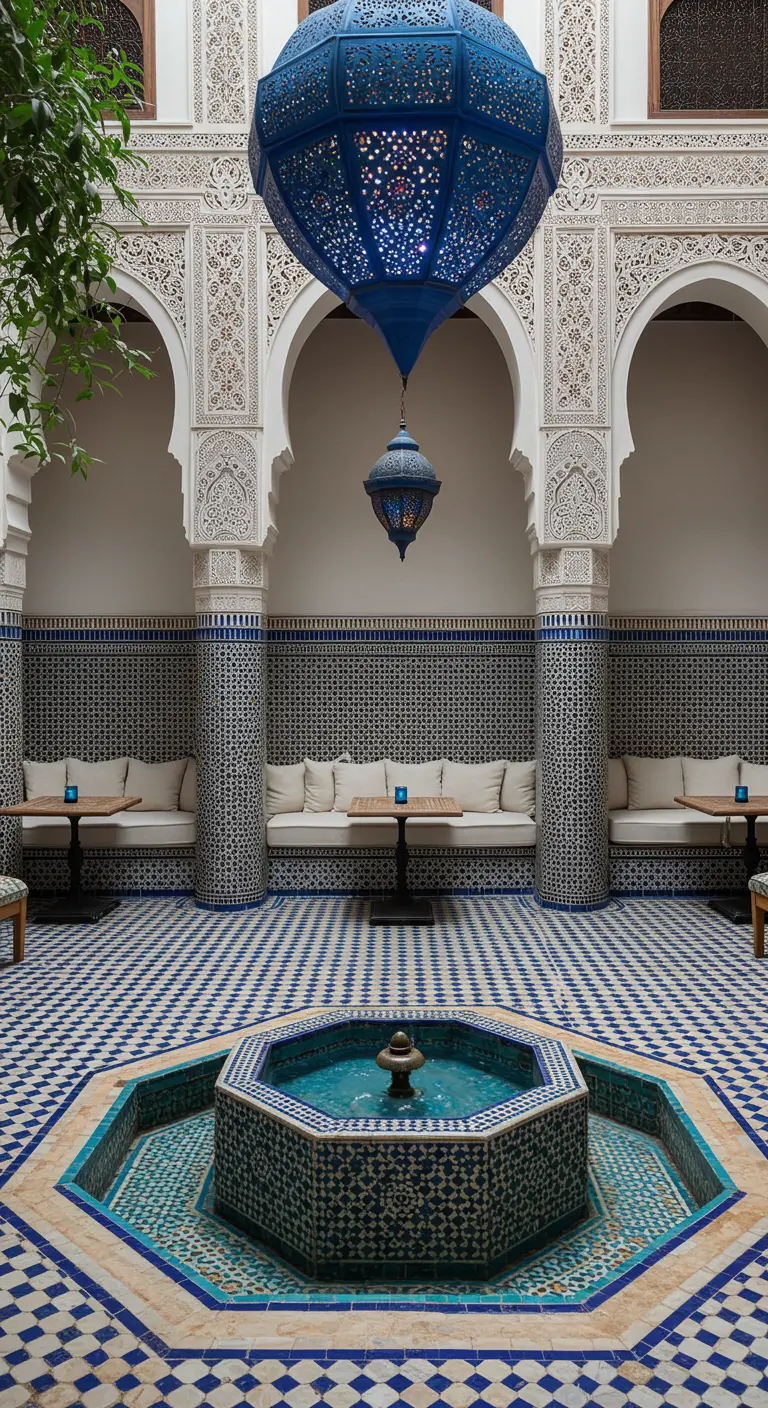 Patio entièrement carrelé de mosaïques bleues et blanches, avec des banquettes et une fontaine.