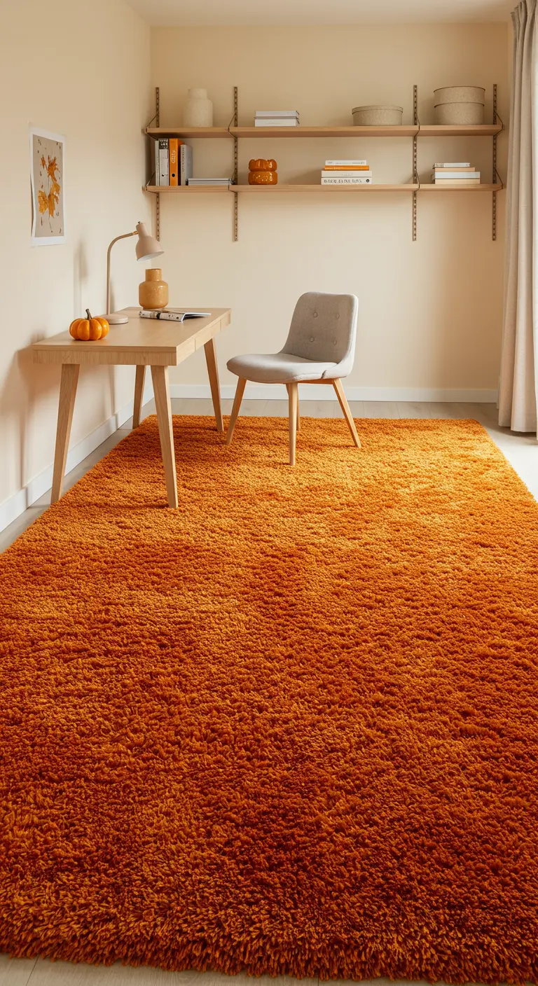 Bureau minimaliste dans une pièce entièrement recouverte d'un grand tapis orange vif.