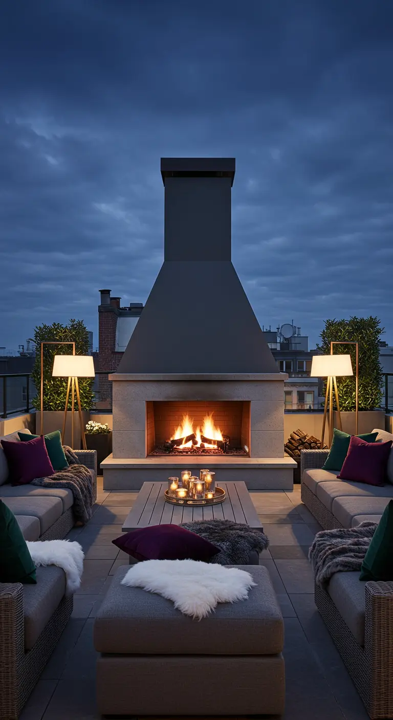 Grande terrasse sur le toit avec cheminée extérieure, canapés modulaires, lampadaires et coussins colorés.
