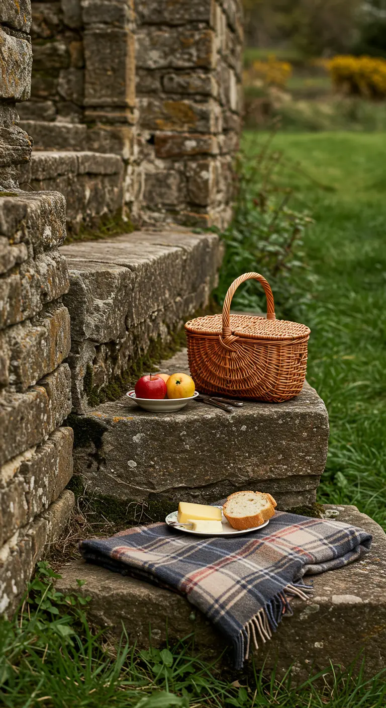 Pique-nique simple sur des marches en pierre avec un panier et des pommes.
